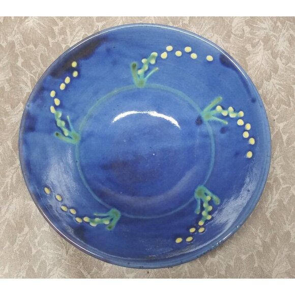 Earthworks Barbados Glazed Pottery bowl Gorgeous 8"x2.25" floral blue yellow EUC - Picture 4 of 6